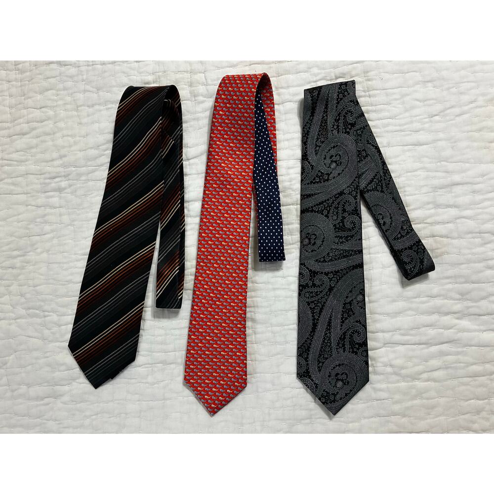 Silk Neckties Trio-Grey Rust Stripes Grey Black Paisley and Whimsical Whale Dots